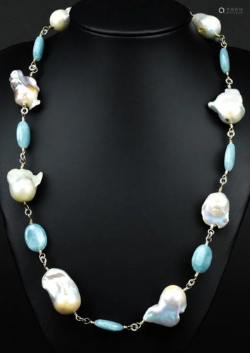 Cultured Baroque Pearl & Blue Aventurine Necklace