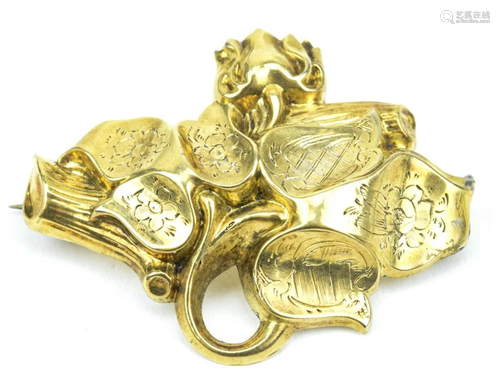 Antique 19th C 14kt Yellow Gold Floral Leaf Brooch