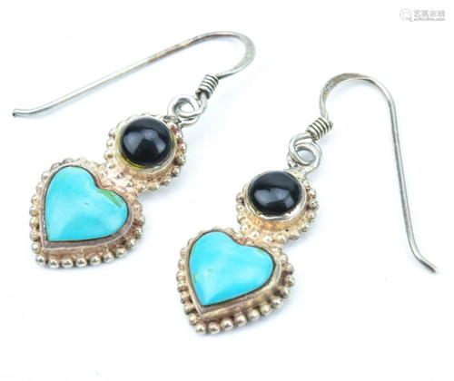 Pair Native American Sterling & Turquoise Earrings