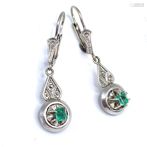 Antique 14k White Gold and Emerald Earrings