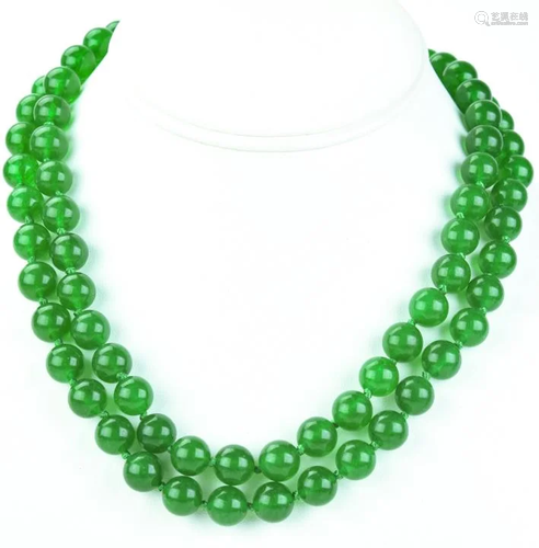 Pair Of Green Nephrite Jade Beaded Necklaces