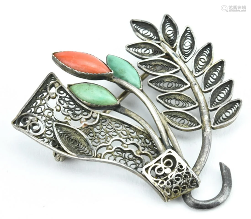 Estate Chinese Export Silver & Coral Brooch