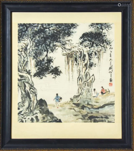 Chinese Watercolor Painting Landscape w Figures
