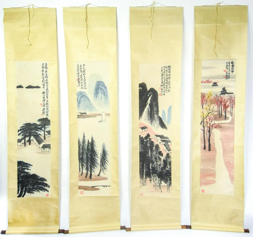 Chinese Hand Painted Set of Four Painted Scrolls