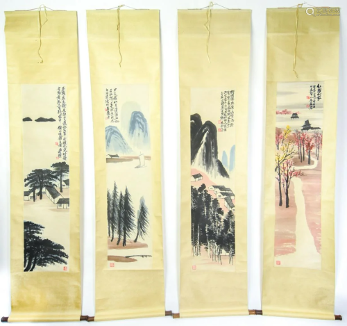 Chinese Hand Painted Set of Four Painted Scrolls