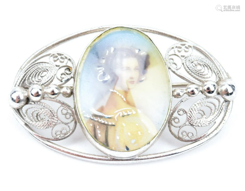 Antique Sterling Brooch W Portrait Miniature