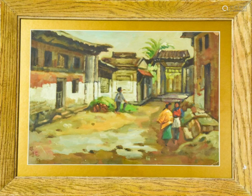 Chinese Oil Painting - Street Scene w Figures