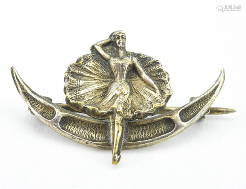 Antique Silver Crescent Moon Brooch W Ballerina