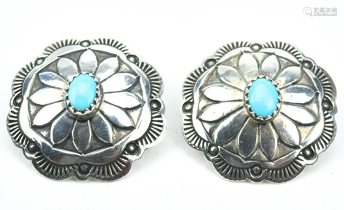 Pair Native American Sterling & Turquoise Earrings