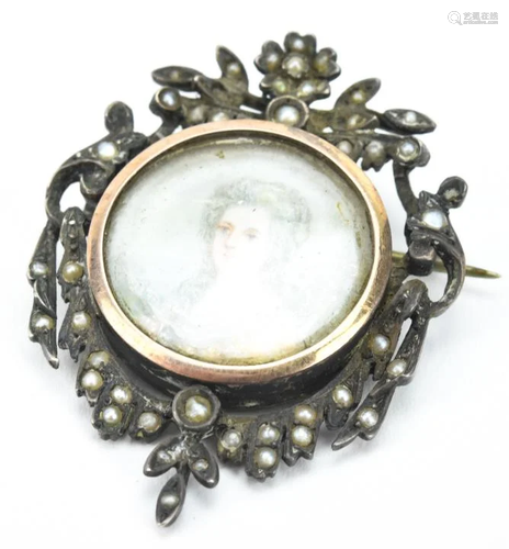 Antique 800 Silver & Seed Pearl Portrait Miniature