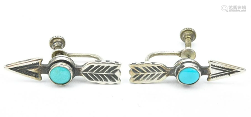 Pair Native American Sterling & Turquoise Earrings