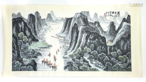 Large Chinese Scroll Hand Painted Landscape Scene