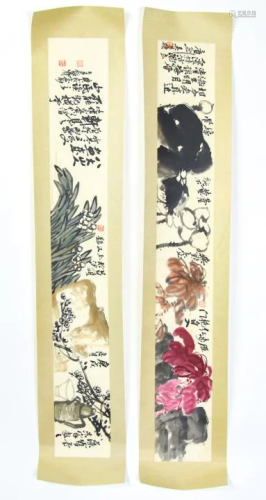 Pair of Chinese Hand Painted Scroll Paintings