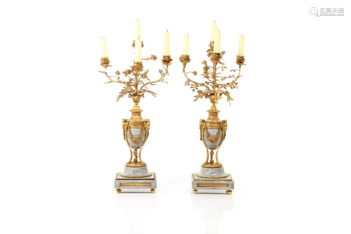 PAIR OF GREY MARBLE & ORMOLU BRONZE CANDELABRA