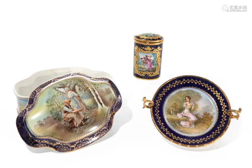 THREE COBALT BLUE & GILDED PORCELAIN ACCESSORIES