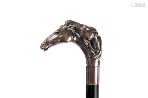 DOUBLE HORSE FIGURAL SILVER HANDLE WALKING STICK