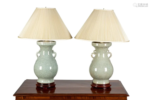 PAIR OF CHINESE CRACKLE CELADON VASE AS LAMPS