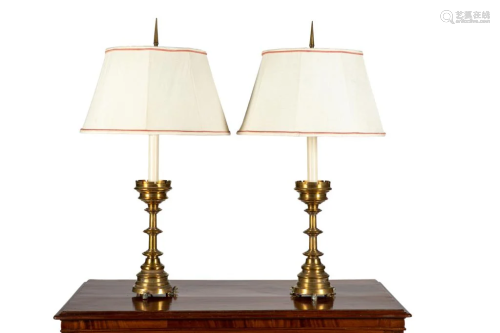 PAIR OF ANTIQUE BRASS PRICKETS AS TABLE LAMPS