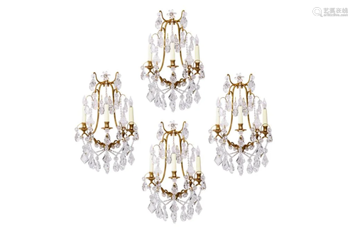 FOUR BRASS & CUT GLASS THREE BRANCH WALL SCONCES