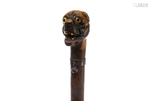 ANTIQUE WALKING STICK WITH DOG KNOP HANDLE