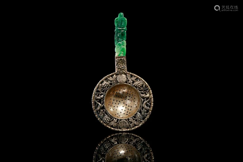 CHINESE SILVER STRAINER WITH JADEITE HANDLE