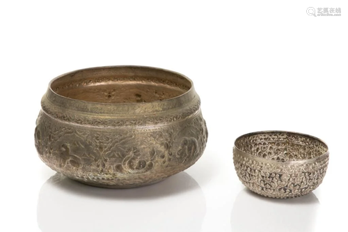 TWO SOUTHEAST ASIAN REPOUSSE SILVER PLATE BOWLS