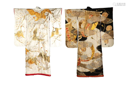 TWO JAPANESE SILK AND GOLD THREAD KIMONOS