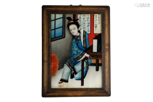 FRAMED CHINESE REVERSE PAINTED MIRROR OF A LADY