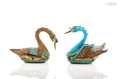 TWO CHINESE SILVER & ENAMELLED SWAN FIGURES