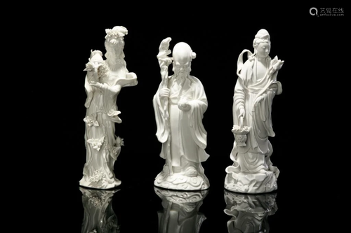 THREE CHINESE BLANC DE CHINE PORCELAIN FIGURES