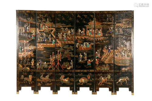 CHINESE SIX PANEL MIXED INLAID FLOOR SCREEN