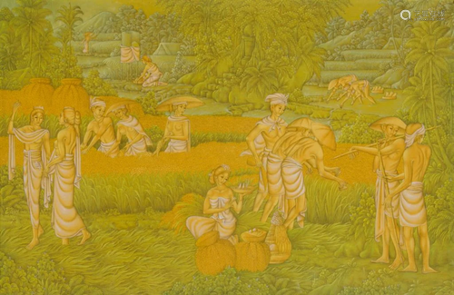 INDONESIAN BALI UBAD PAINTING OF A HARVEST SCENE