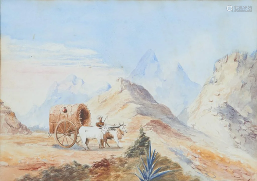 INDIAN WATERCOLOR, LANDSCAPE WITH BULL CART