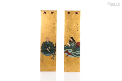 PAIR OF JAPANESE PAINTED WOOD PORTRAIT PANELS