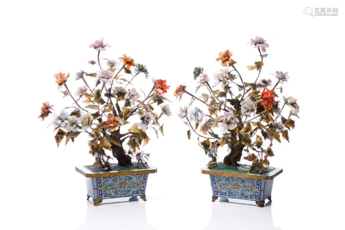 PAIR OF MIXED STONE TREES WITH CLOISONNE PLANTER