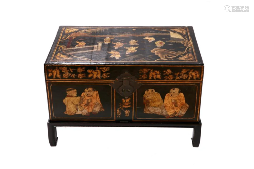 CHINESE PAINTED LACQUER TRUNK ON STAND