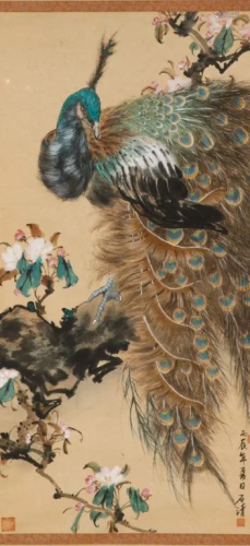 FRAMED CHINESE PEACOCK & FLOWERS PAINTING