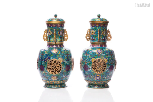 PAIR OF CHINESE CLOISONNE ENAMELLED ROTATING VASES