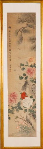 FRAMED CHINESE INK PAINTING OF FLOWER ROCK GARDEN