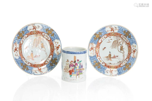 THREE CHINESE EXPORT ENAMEL BLUE & WHITE PORCELAIN