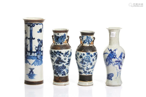 FOUR CHINESE CRACKLED BLUE & WHITE PORCELAIN VASES