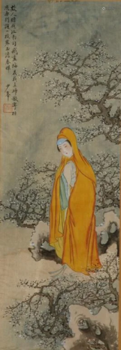 CHINESE FRAMED PAINTING ON SILK OF WOMAN IN SNOW