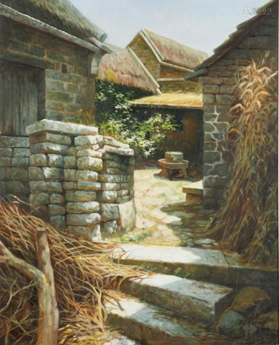 CHINESE OIL PAINTING OF VILLAGE CORNER SCENE