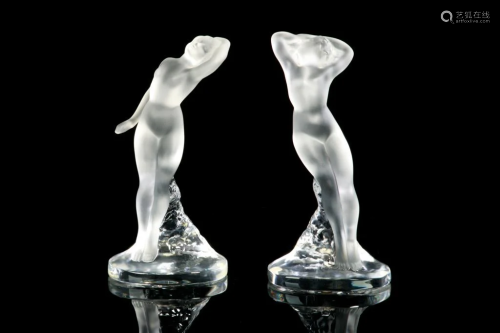 PAIR OF LALIQUE FRANCE FROSTED GLASS NUDE FIGURES