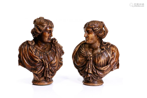 PAIR OF 17TH C FLEMISH WALNUT CARVED BUSTS