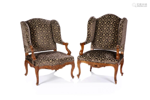 PAIR OF FRENCH CARVED & UPHOLSTERED WING CHAIRS