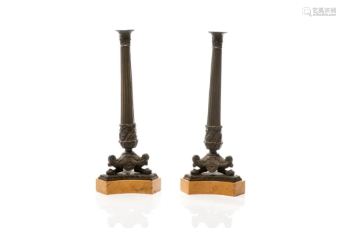 PAIR OF FRENCH PATINATED BRONZE CANDLESTICKS