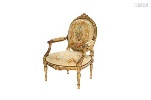 19TH C FRENCH CARVED GILTWOOD FAUTEUIL