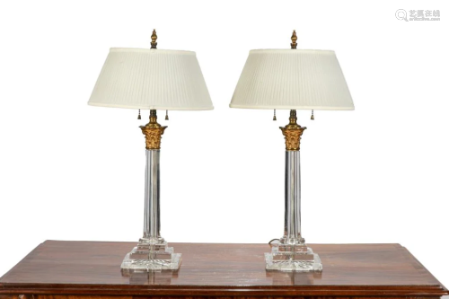 PAIR OF CUT GLASS & BRONZE COLUMN FORM LAMPS