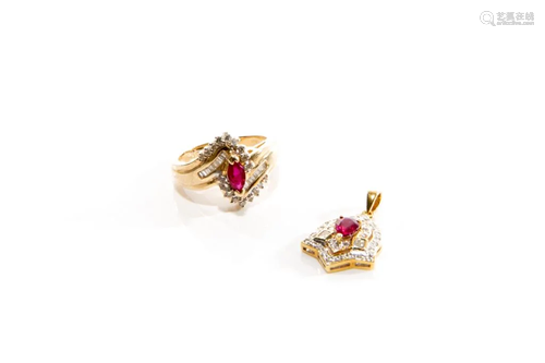 RUBY & DIAMOND RING & PENDANT, 7g